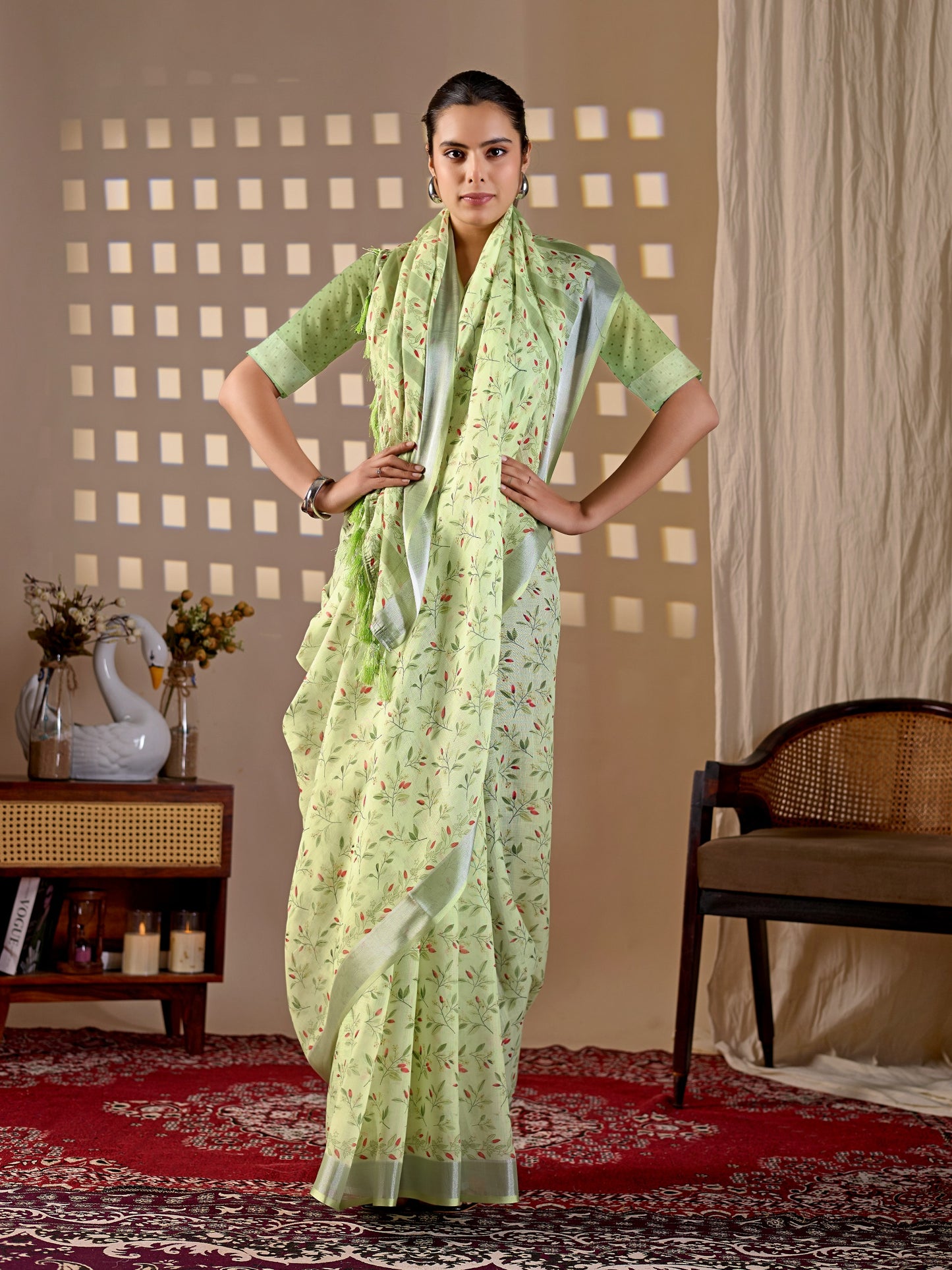 Elegant Soft Linen Cotton Saree featuring beautiful allover floral digital print of saree