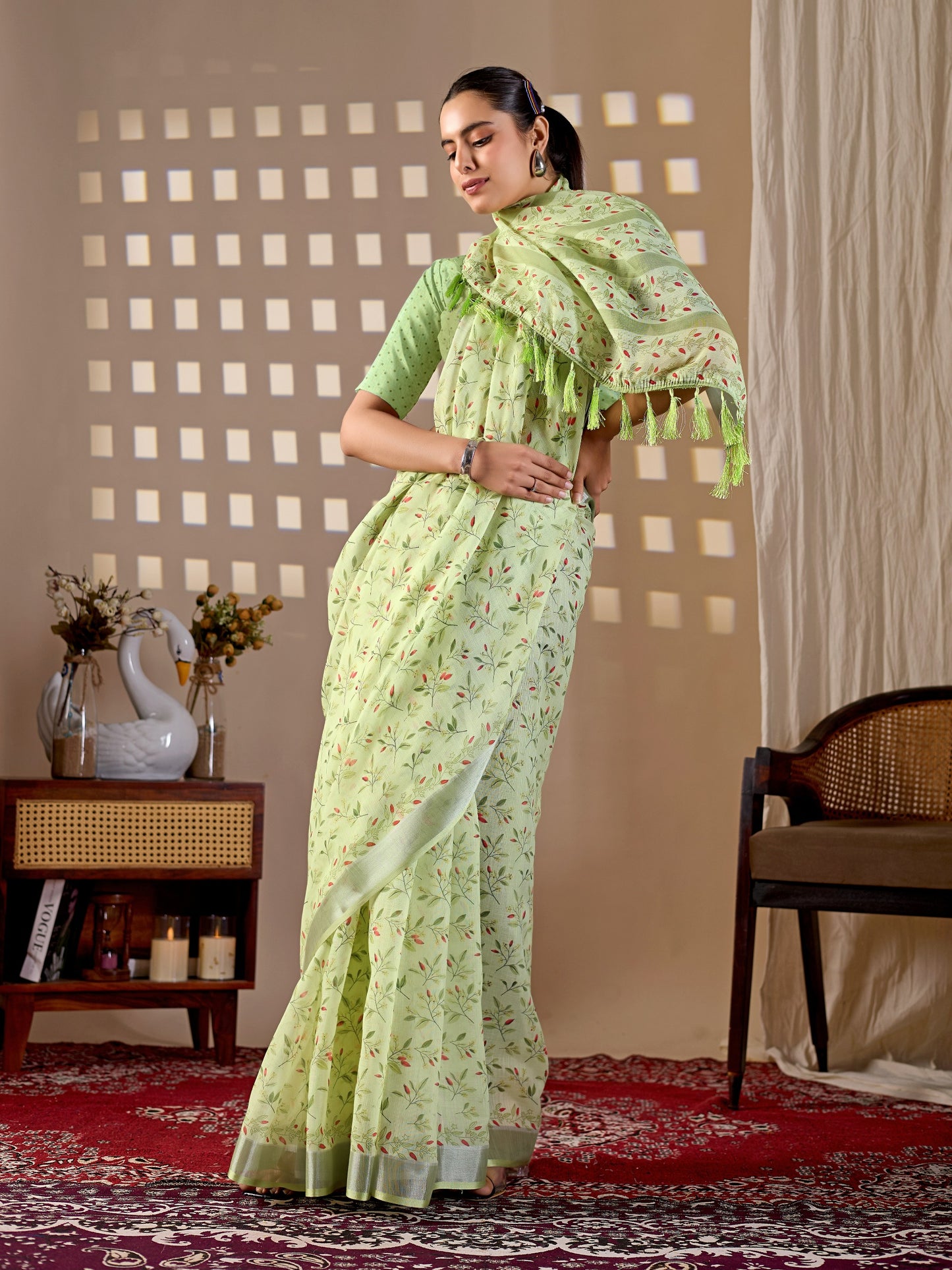 Elegant Soft Linen Cotton Saree featuring beautiful allover floral digital print of saree