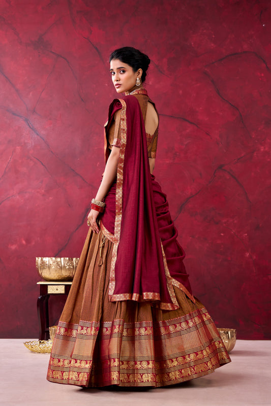 Twirl your fashion fervour with this celebrational and vibrant lehenga in promising color reflects interesting amalgamation of traditional heritage.