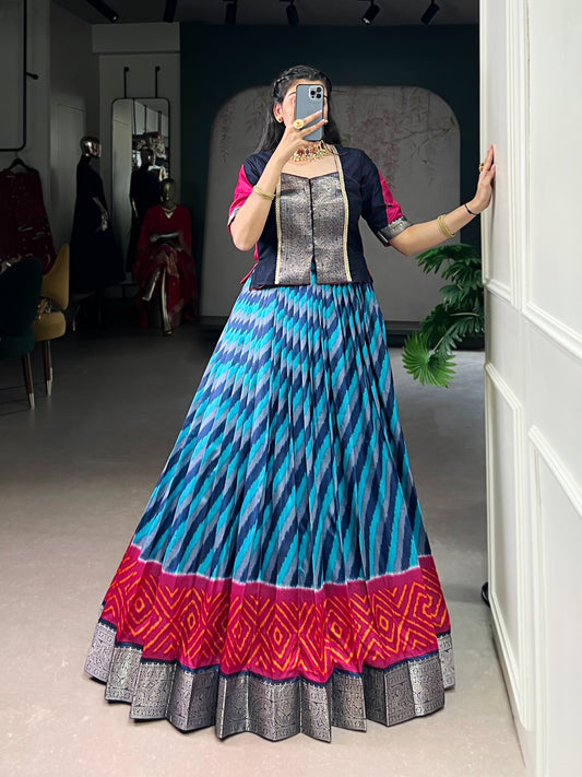 A perfect co-ord set crafted with the elegance of Tasar Silk lehenga and the royal touch of zari weaving on Vichitra Silk blouse. 🪸