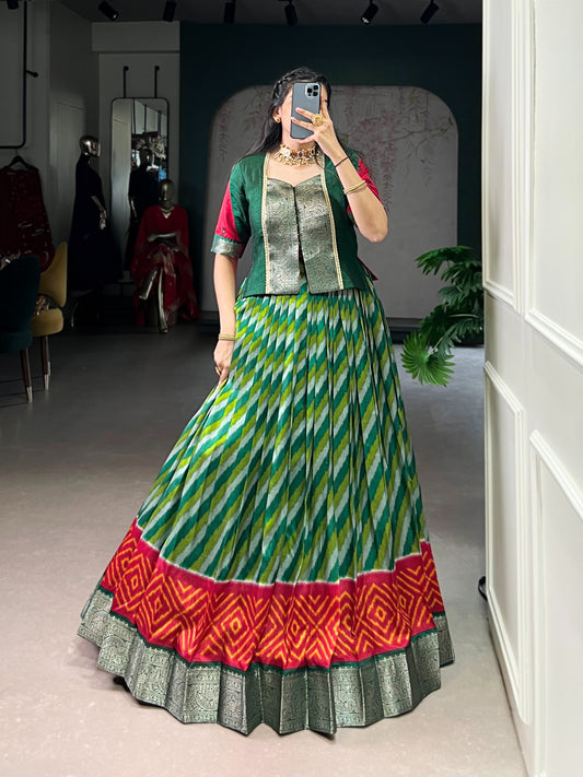 A perfect co-ord set crafted with the elegance of Tasar Silk lehenga and the royal touch of zari weaving on Vichitra Silk blouse. 🪸