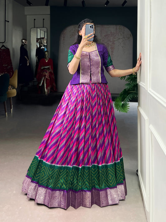 A perfect co-ord set crafted with the elegance of Tasar Silk lehenga and the royal touch of zari weaving on Vichitra Silk blouse. 🪸