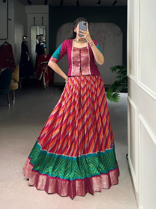 A perfect co-ord set crafted with the elegance of Tasar Silk lehenga and the royal touch of zari weaving on Vichitra Silk blouse. 🪸