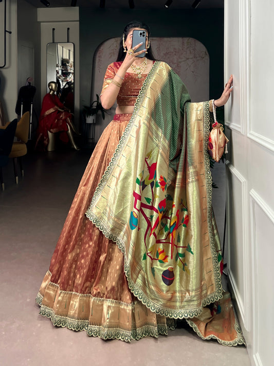 This shimmer organza lehenga choli adorned with zari weaving and delicate lace borders brings timeless elegance to every festive moment ✨