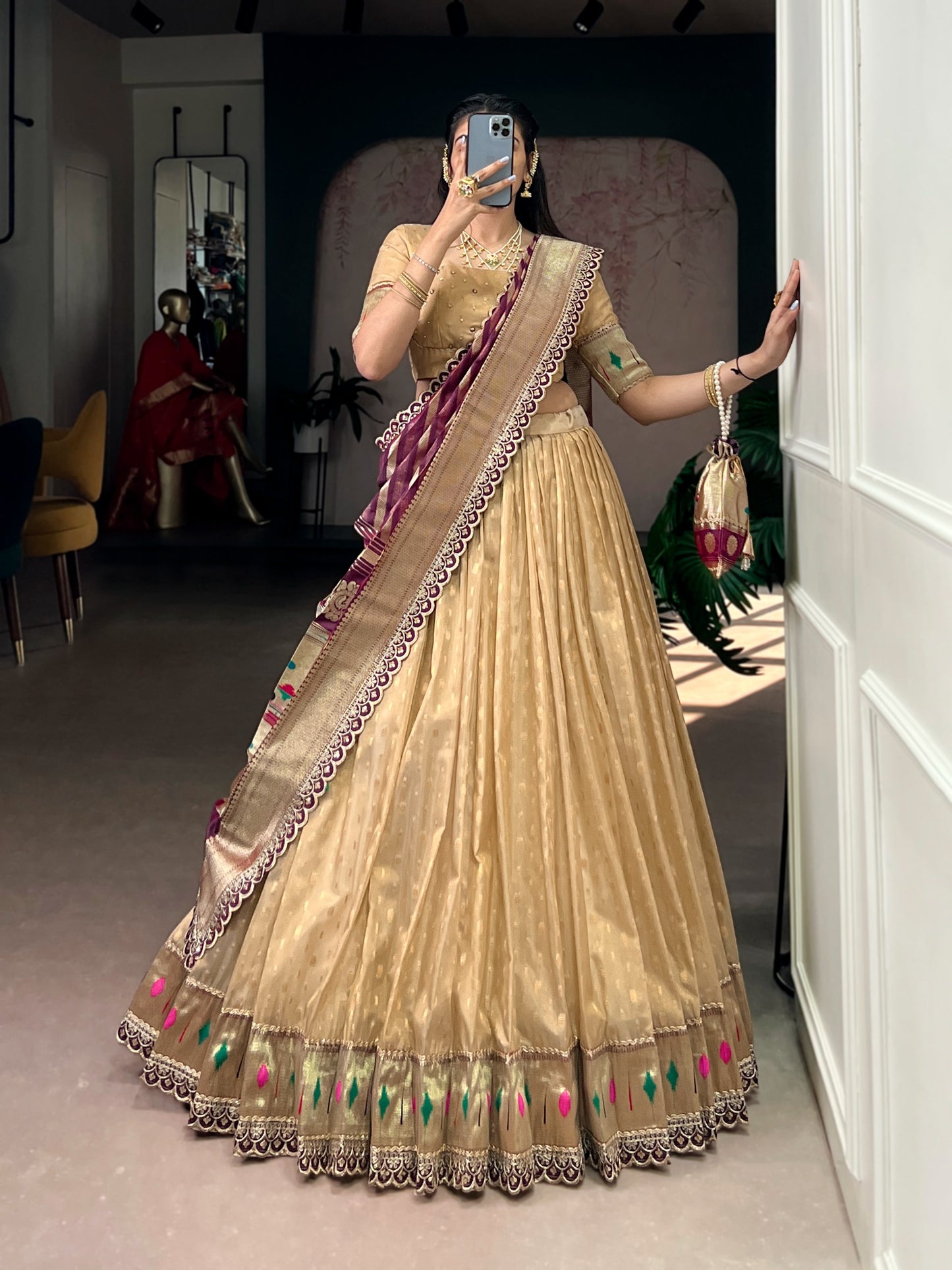 This shimmer organza lehenga choli adorned with zari weaving and delicate lace borders brings timeless elegance to every festive moment ✨