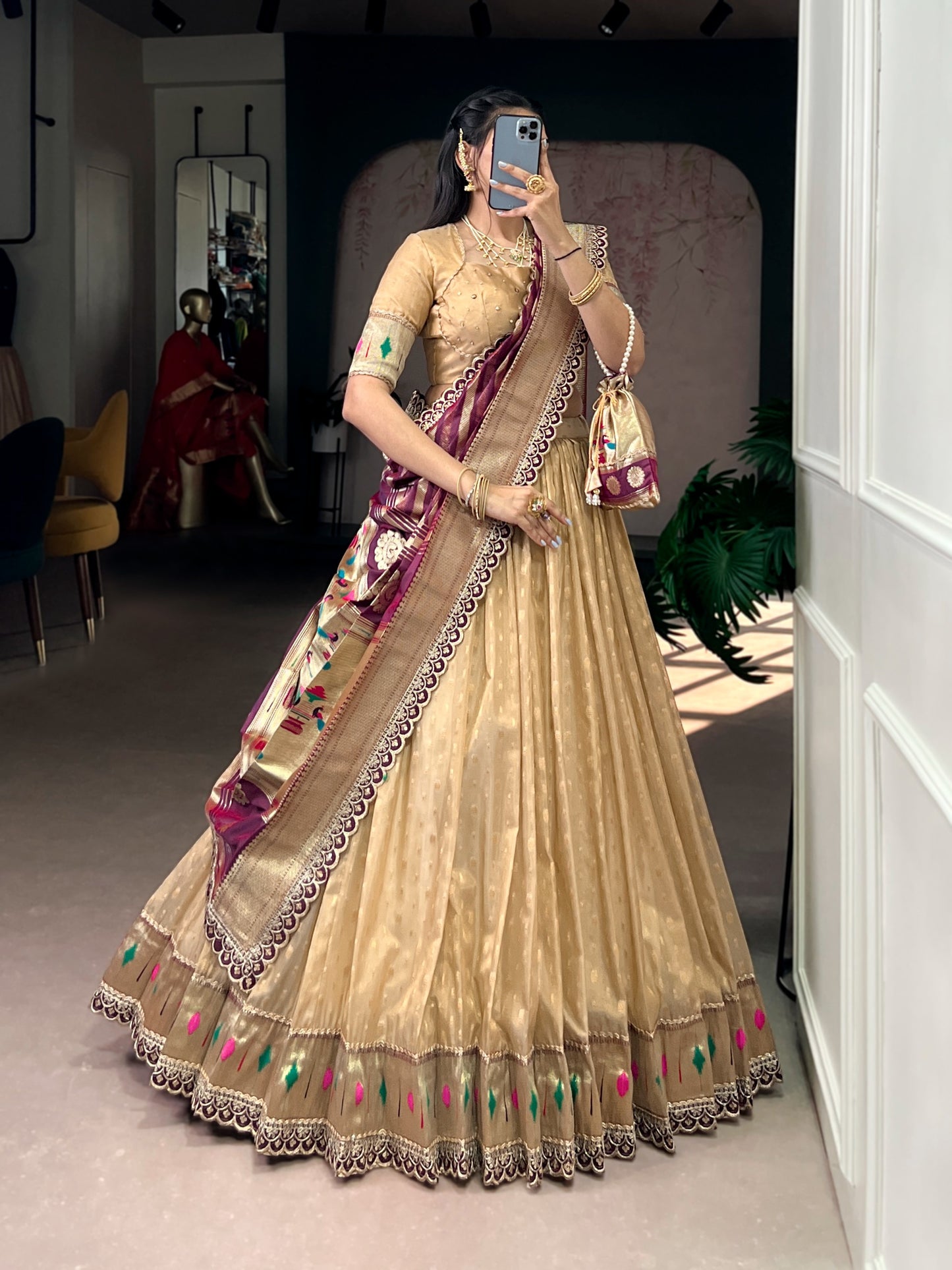 This shimmer organza lehenga choli adorned with zari weaving and delicate lace borders brings timeless elegance to every festive moment ✨
