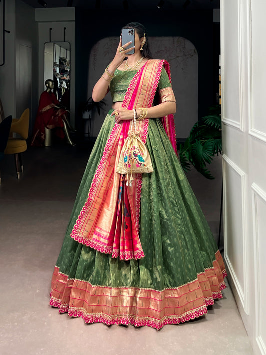This shimmer organza lehenga choli adorned with zari weaving and delicate lace borders brings timeless elegance to every festive moment ✨