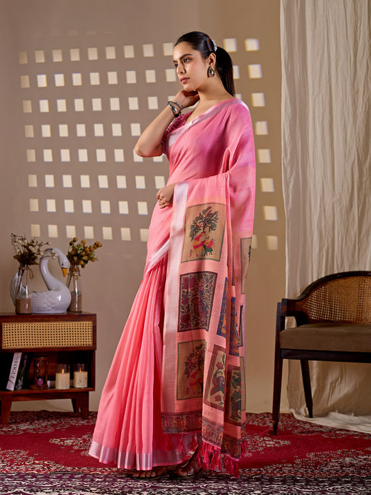 Elegant Soft Linen Cotton Saree featuring beautiful pallu digital prints saree