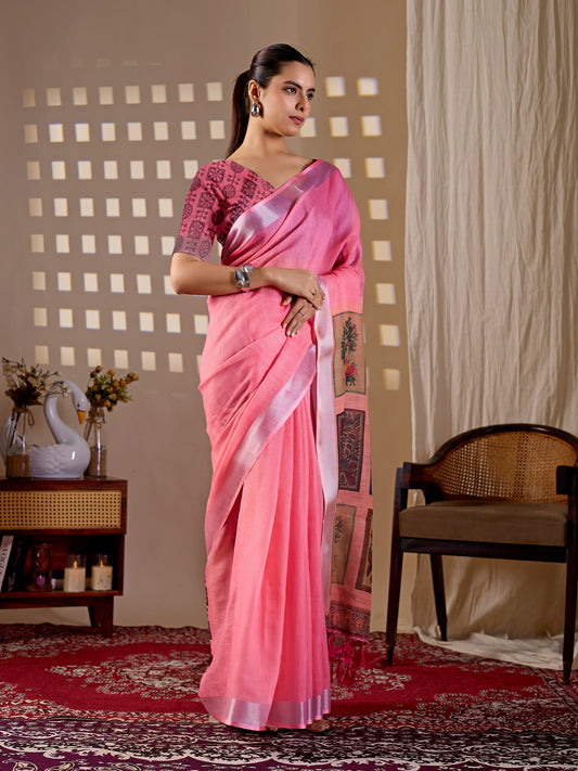Elegant Soft Linen Cotton Saree featuring beautiful pallu digital prints saree