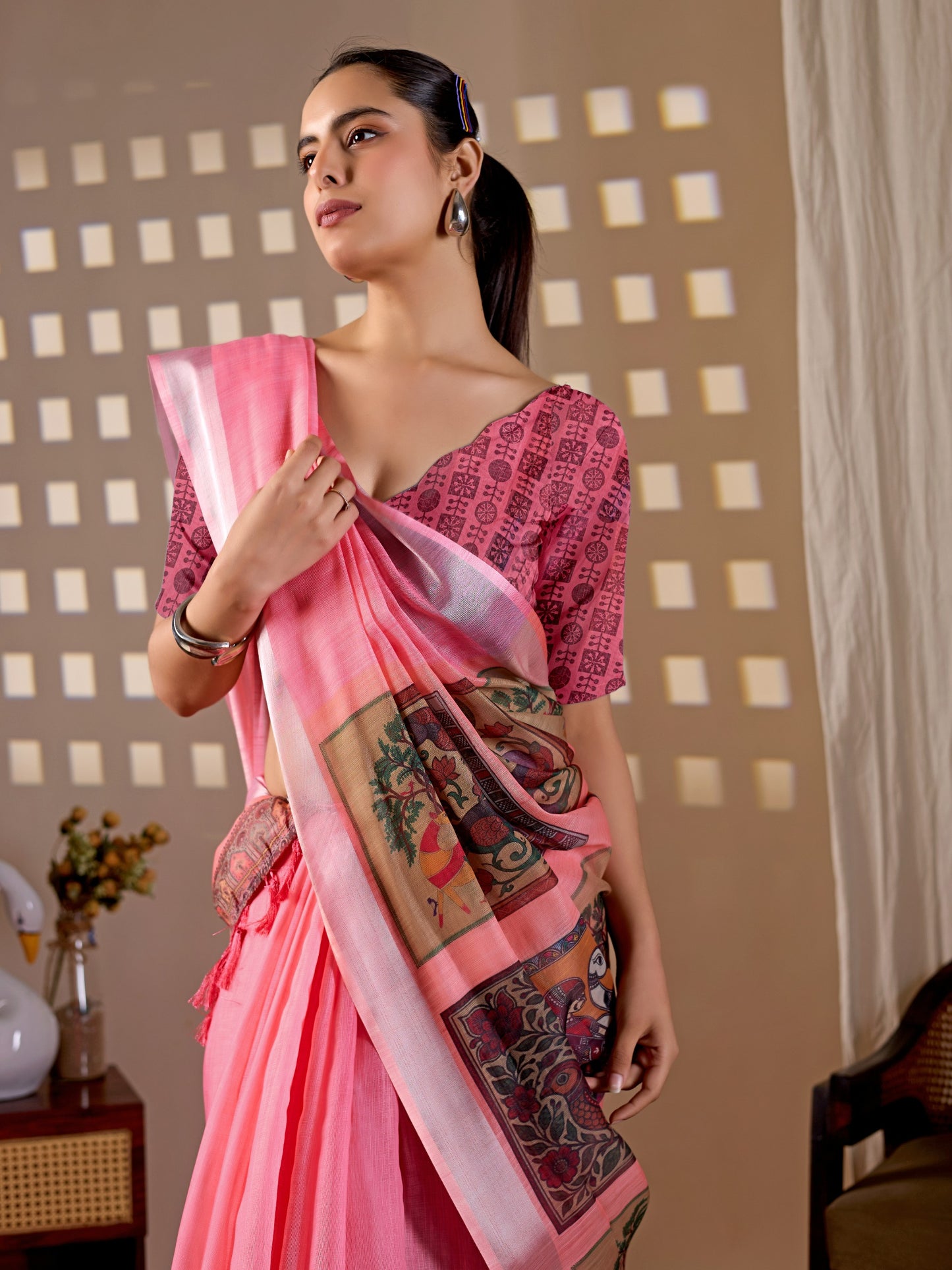 Elegant Soft Linen Cotton Saree featuring beautiful pallu digital prints saree
