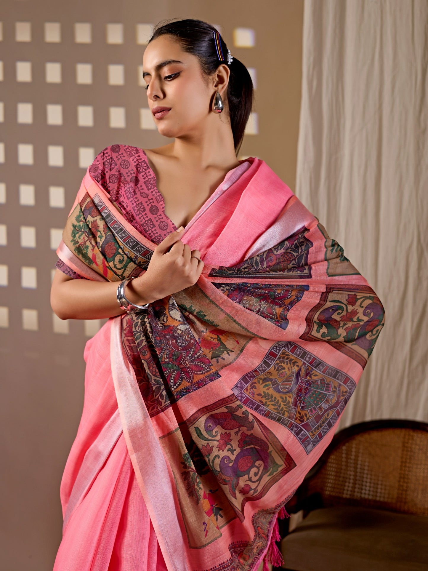 Elegant Soft Linen Cotton Saree featuring beautiful pallu digital prints saree
