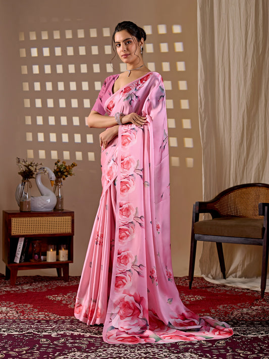 Elegant soft satin georgette saree featuring beautiful allover rose floral digital print in a soft baby pink tone, giving a graceful and charming look.