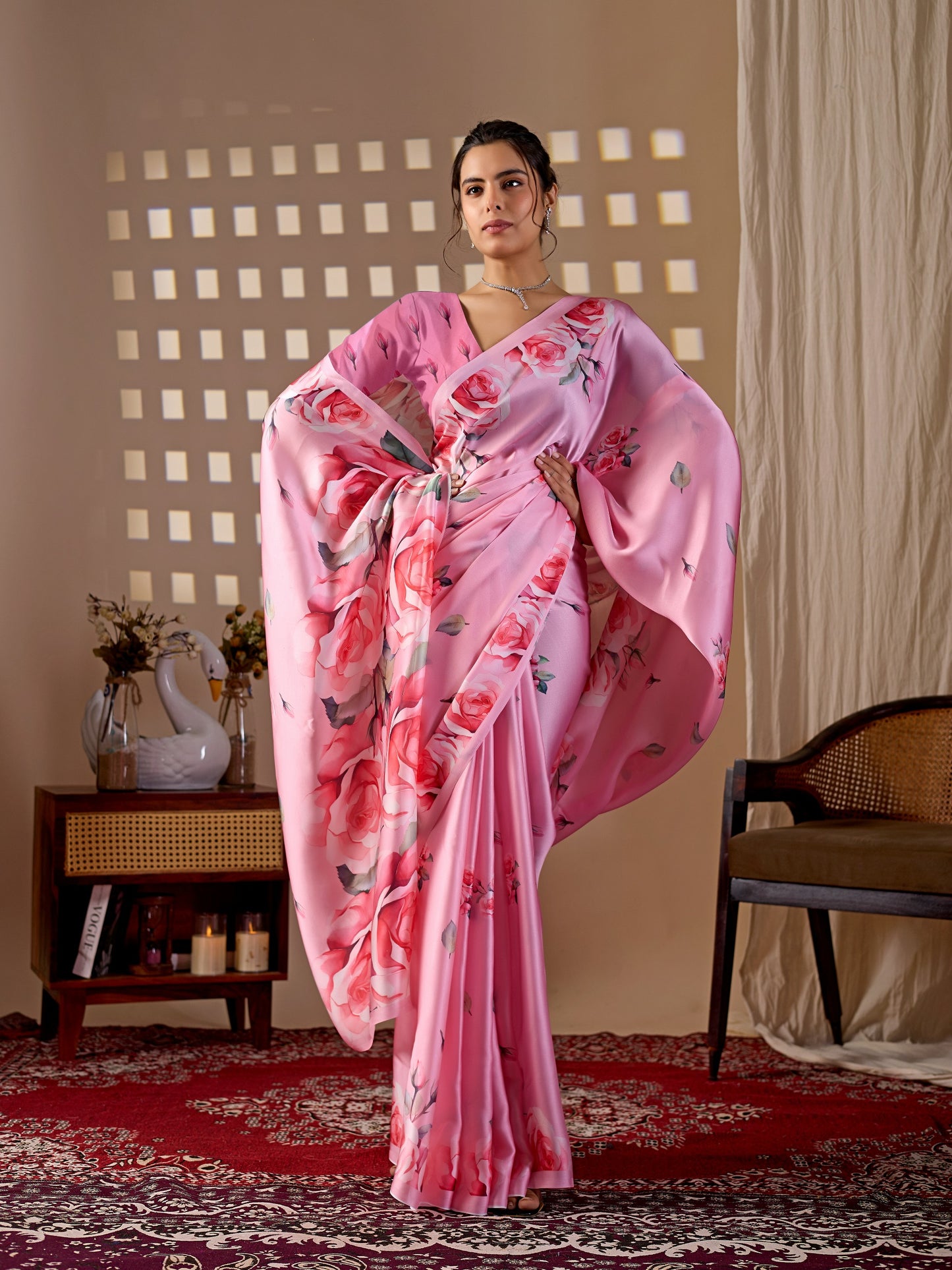 Elegant soft satin georgette saree featuring beautiful allover rose floral digital print in a soft baby pink tone, giving a graceful and charming look.