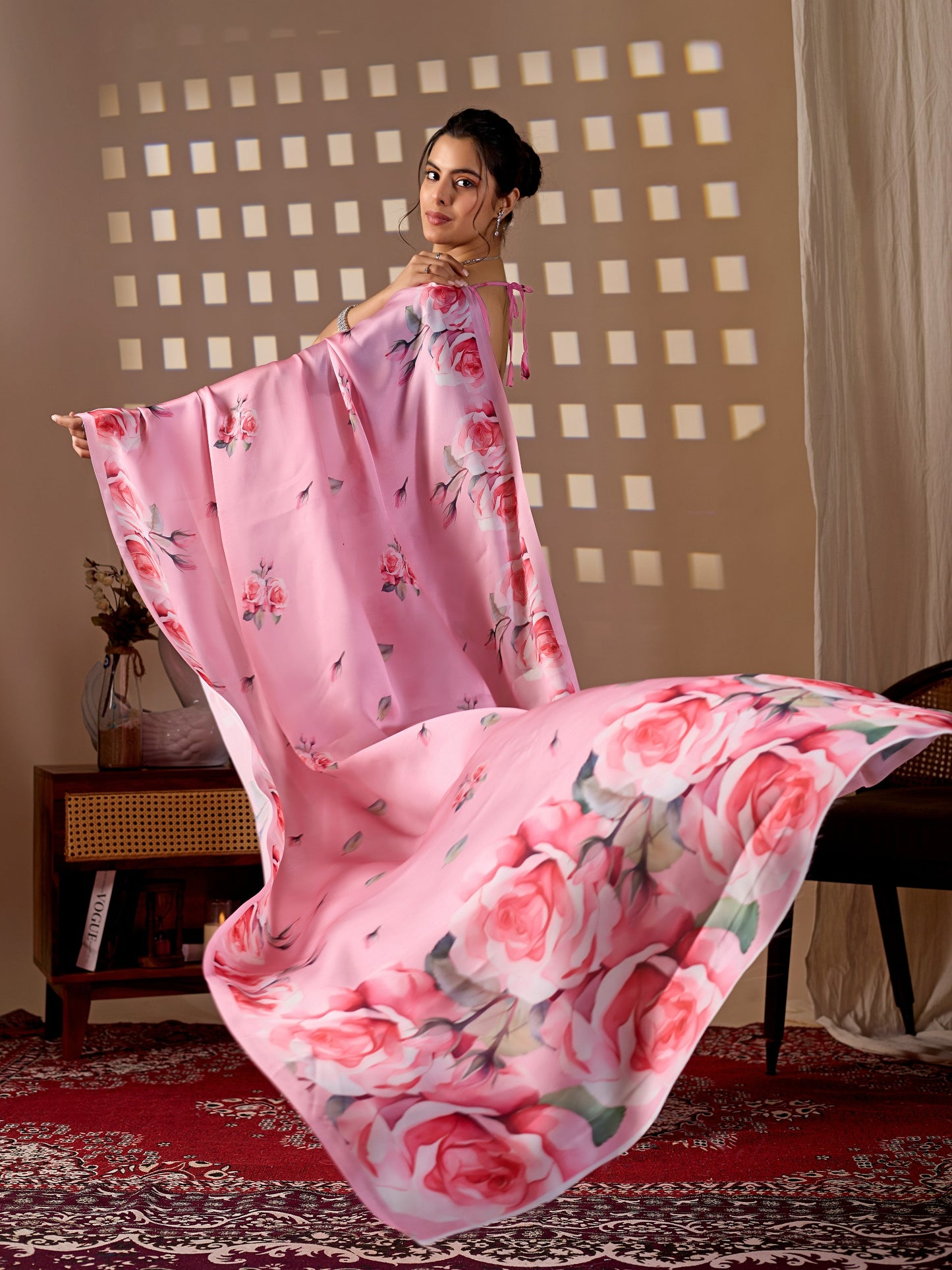Elegant soft satin georgette saree featuring beautiful allover rose floral digital print in a soft baby pink tone, giving a graceful and charming look.