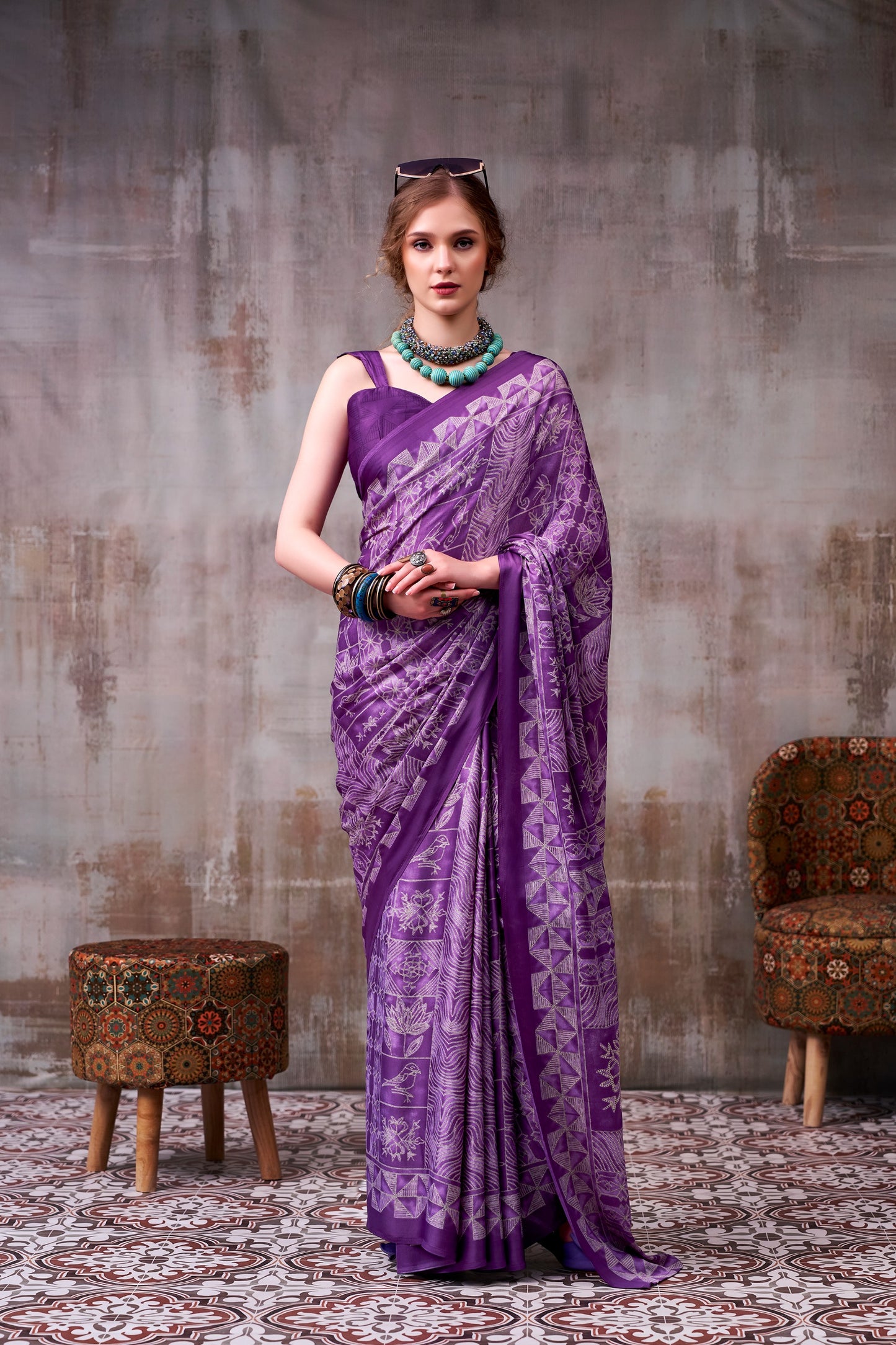 Elegance defined — draped in timeless grace with a floral & geometric printed saree that speaks style in every fold.🪷