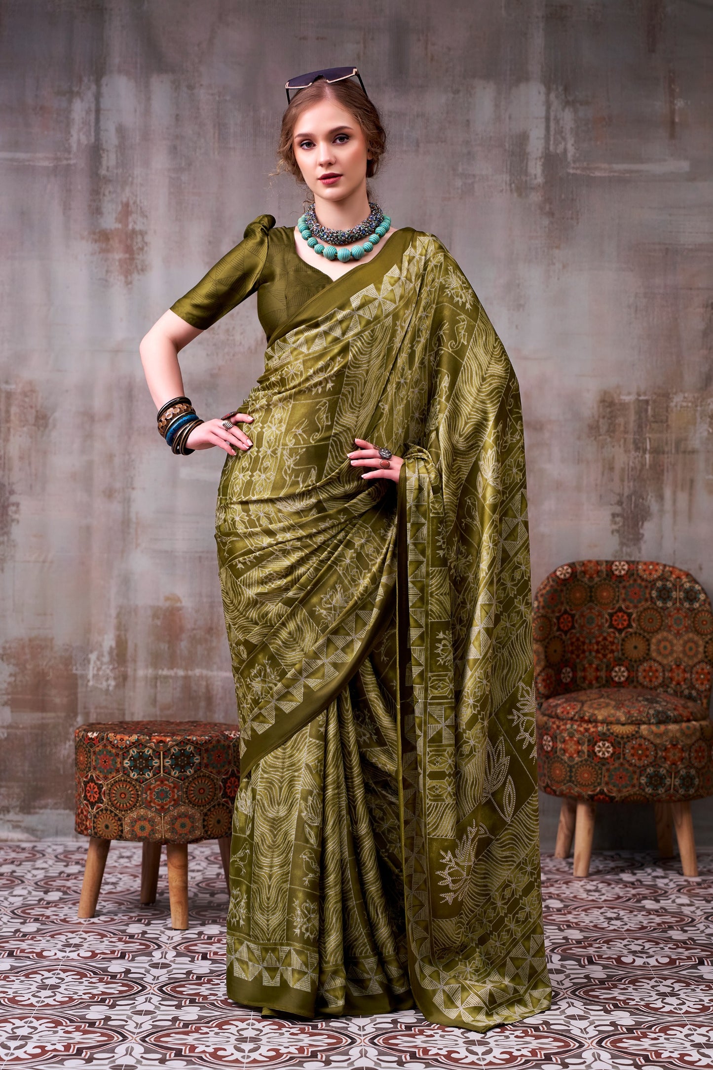 Elegance defined — draped in timeless grace with a floral & geometric printed saree that speaks style in every fold.🪷