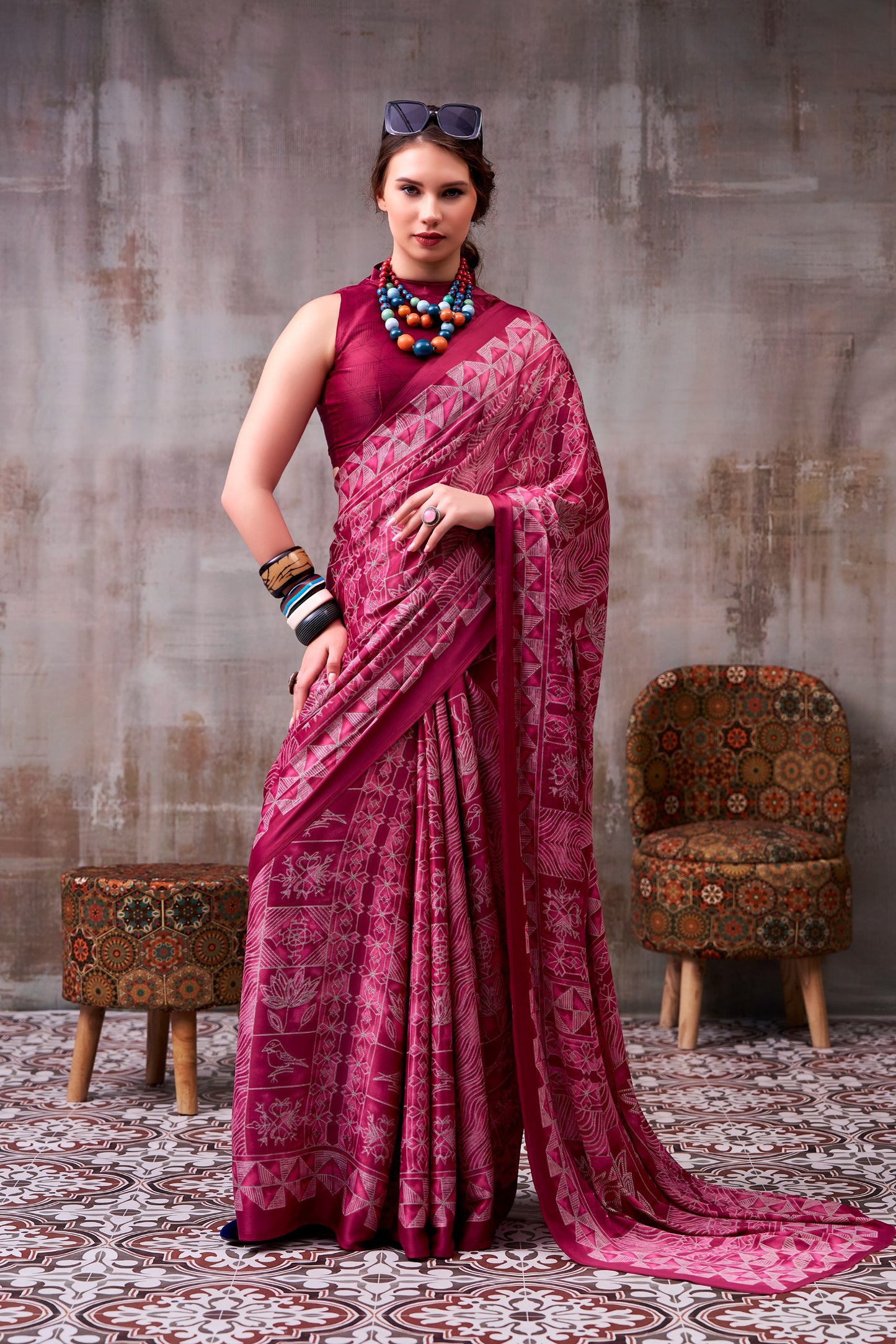 Elegance defined — draped in timeless grace with a floral & geometric printed saree that speaks style in every fold.🪷