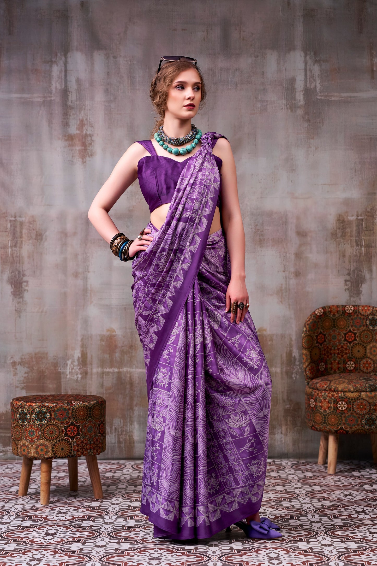 Elegance defined — draped in timeless grace with a floral & geometric printed saree that speaks style in every fold.🪷