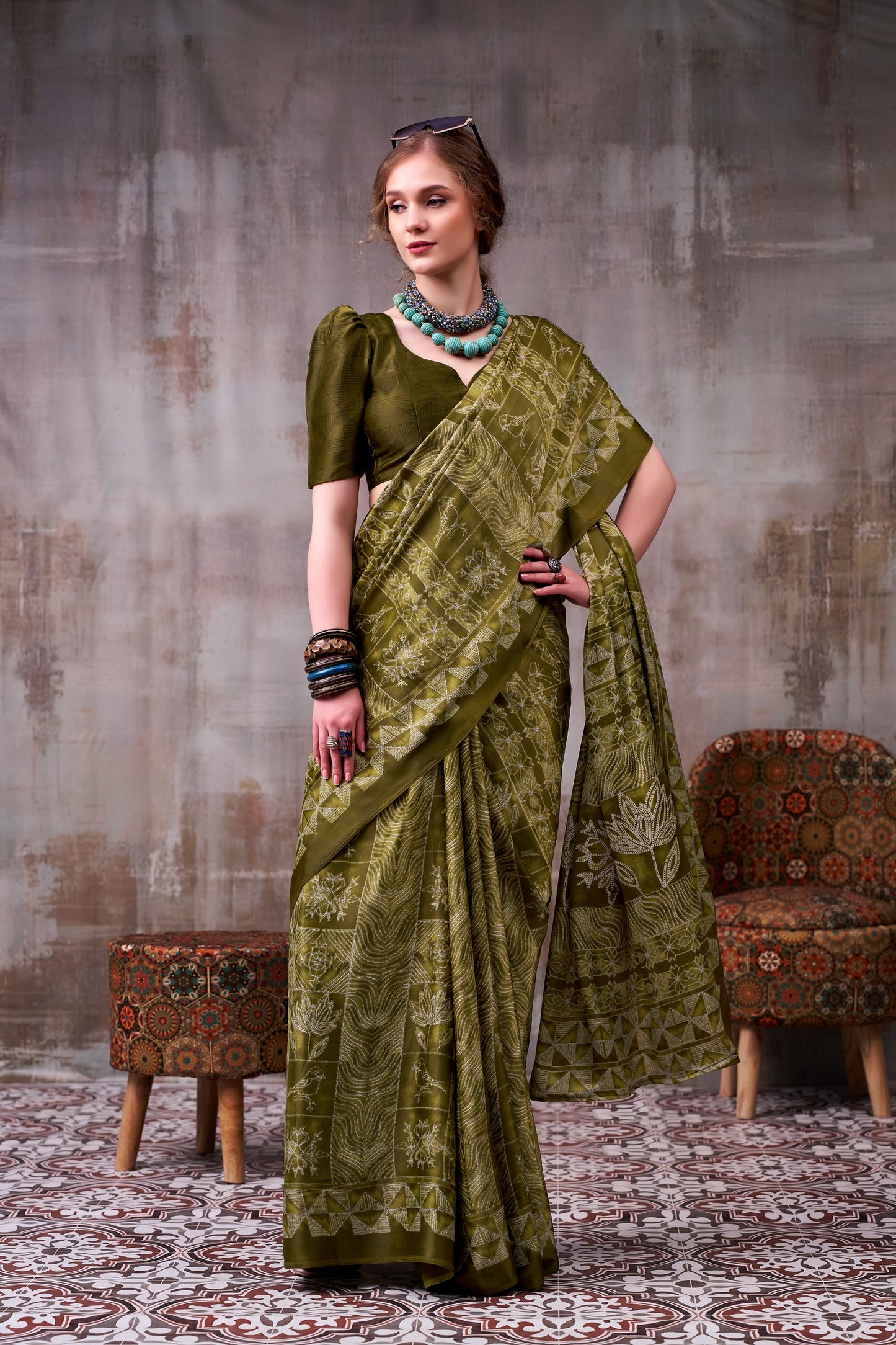 Elegance defined — draped in timeless grace with a floral & geometric printed saree that speaks style in every fold.🪷