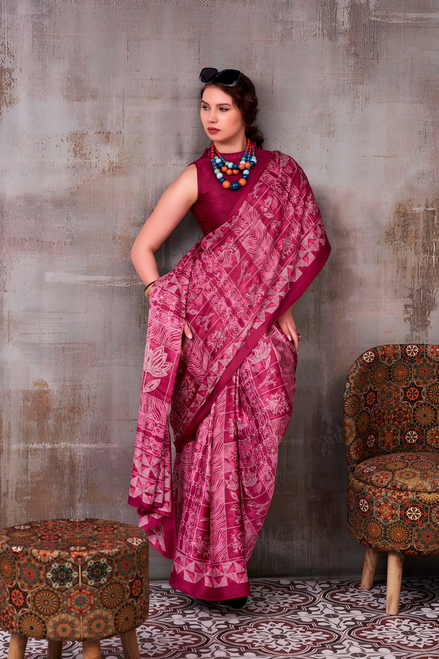 Elegance defined — draped in timeless grace with a floral & geometric printed saree that speaks style in every fold.🪷