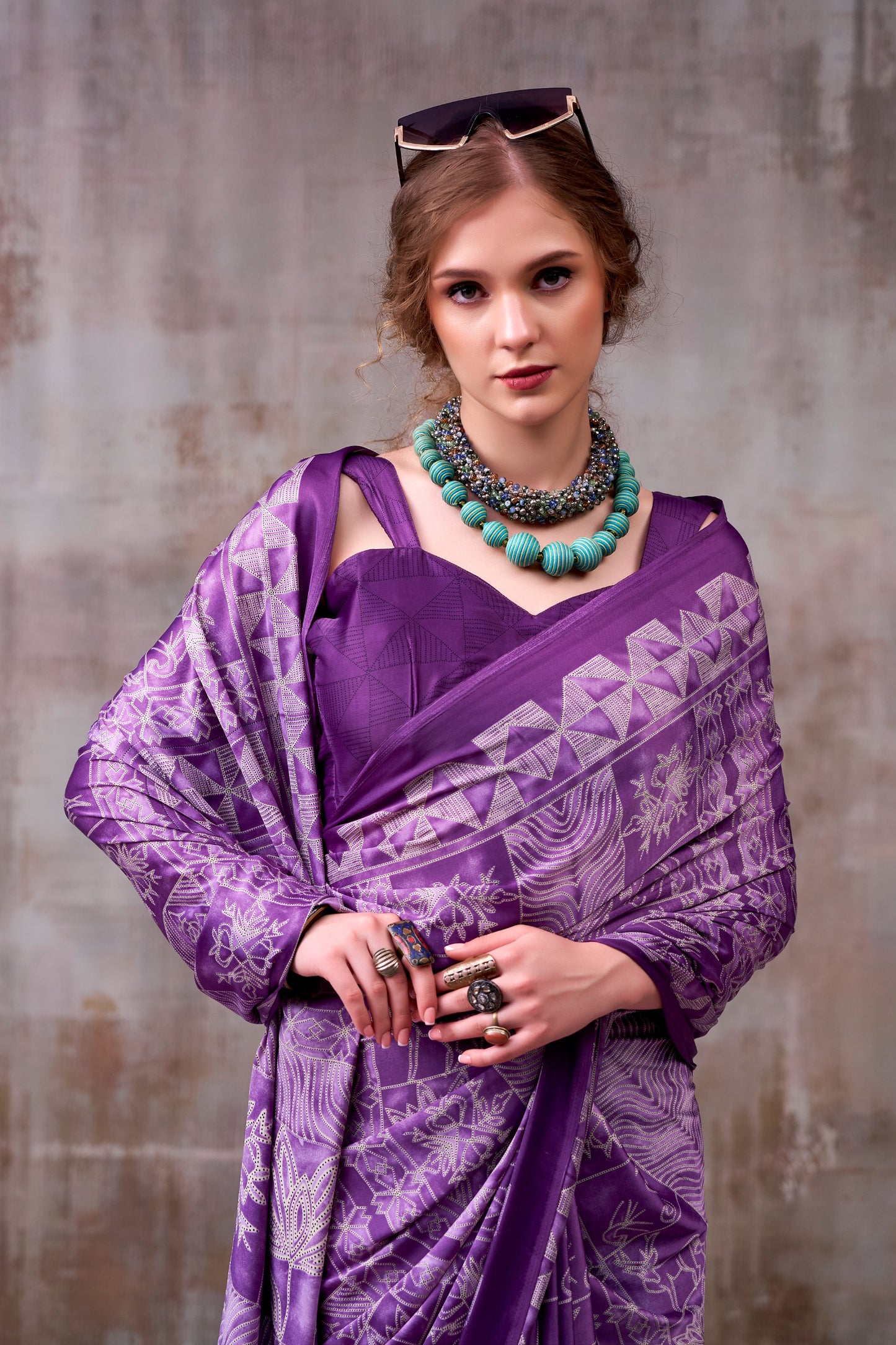 Elegance defined — draped in timeless grace with a floral & geometric printed saree that speaks style in every fold.🪷
