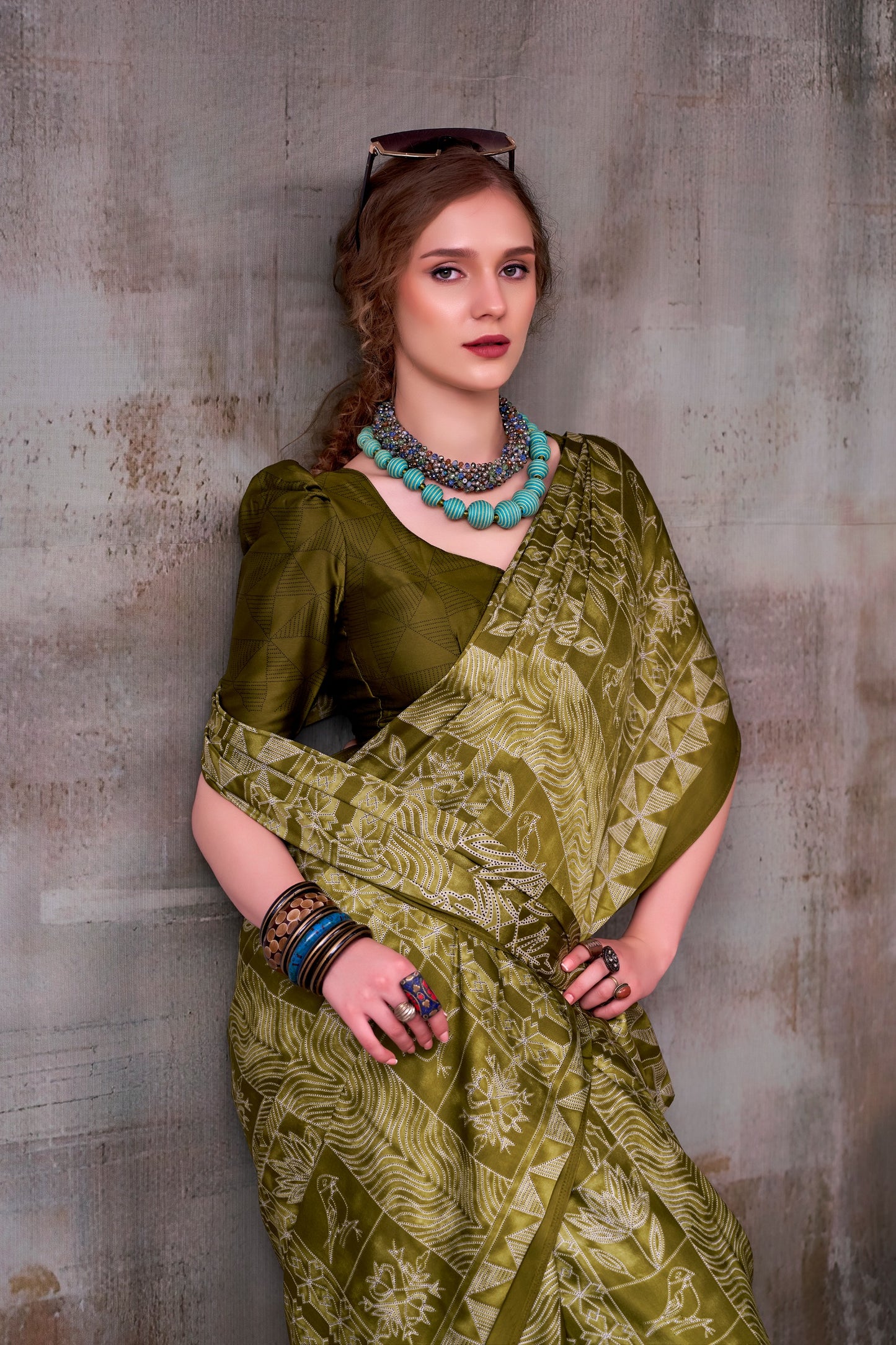 Elegance defined — draped in timeless grace with a floral & geometric printed saree that speaks style in every fold.🪷