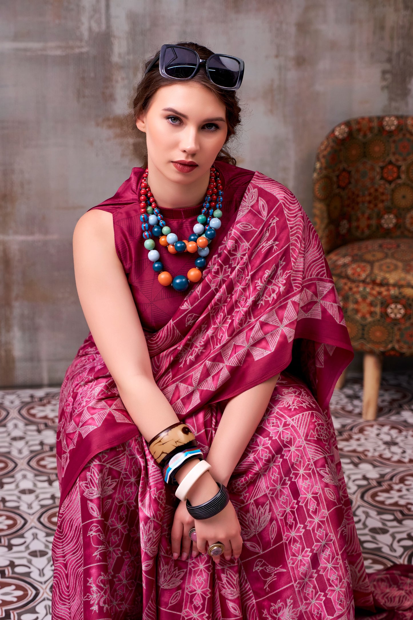 Elegance defined — draped in timeless grace with a floral & geometric printed saree that speaks style in every fold.🪷