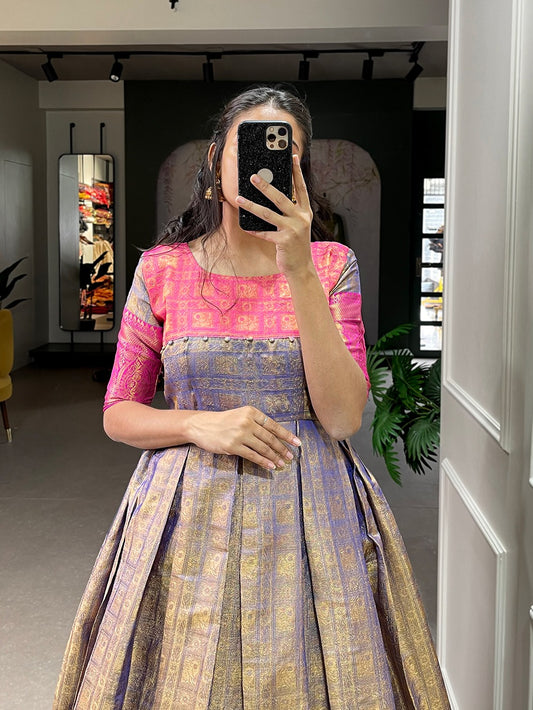 A joyful festive mood with Kanjivaram and zari weaving work appliqued gown 🌼