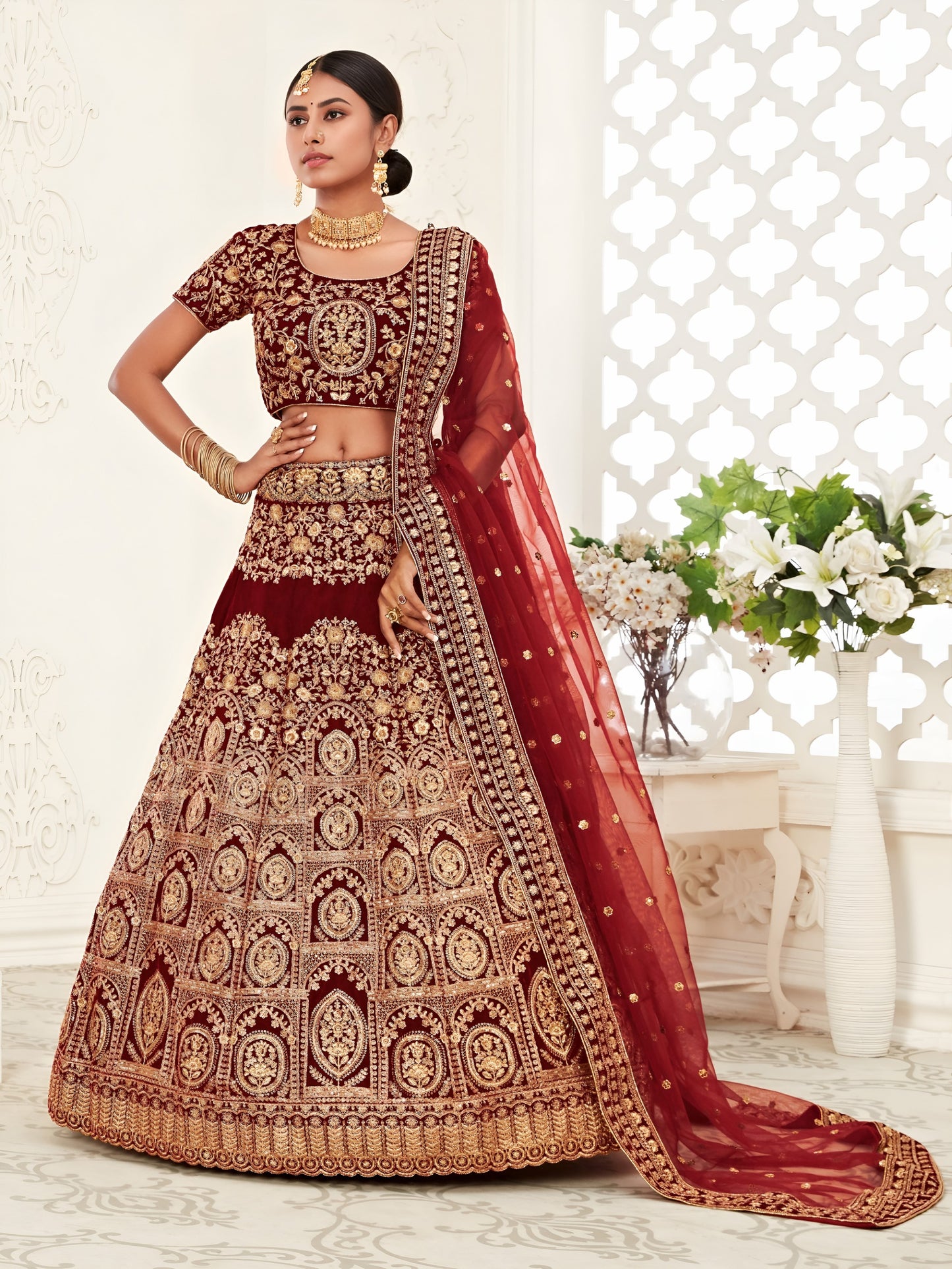 👑 Royal Maroon Zari Velvet Bridal Lehenga ✨