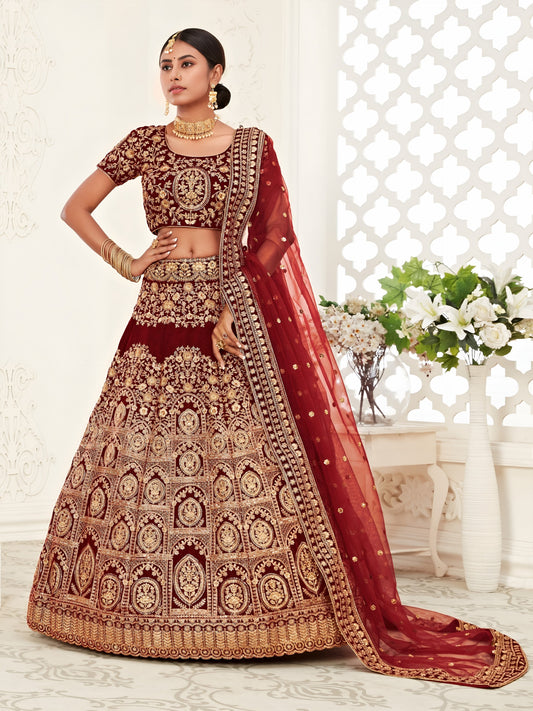 👑 Royal Maroon Zari Velvet Bridal Lehenga ✨