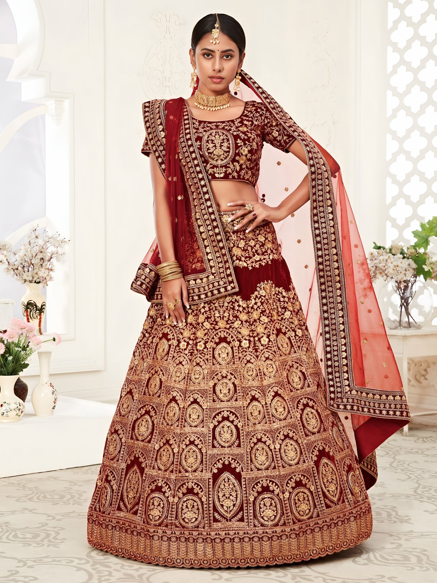 👑 Royal Maroon Zari Velvet Bridal Lehenga ✨