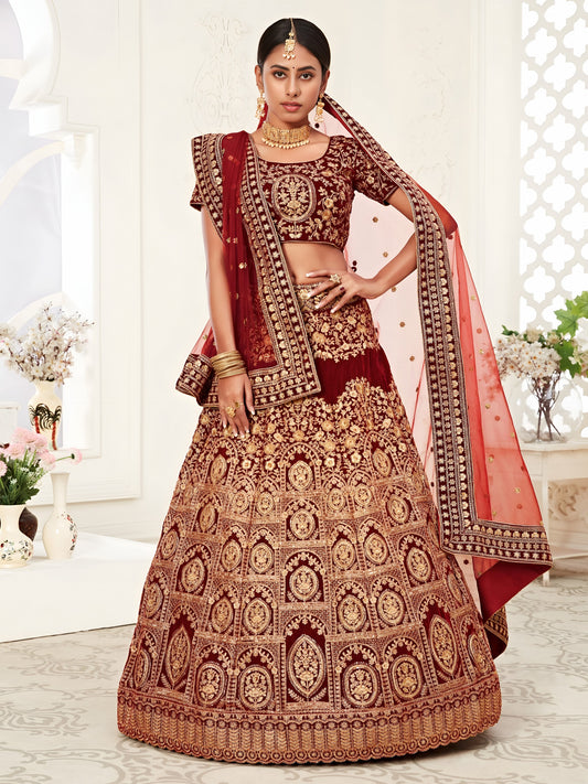 👑 Royal Maroon Zari Velvet Bridal Lehenga ✨