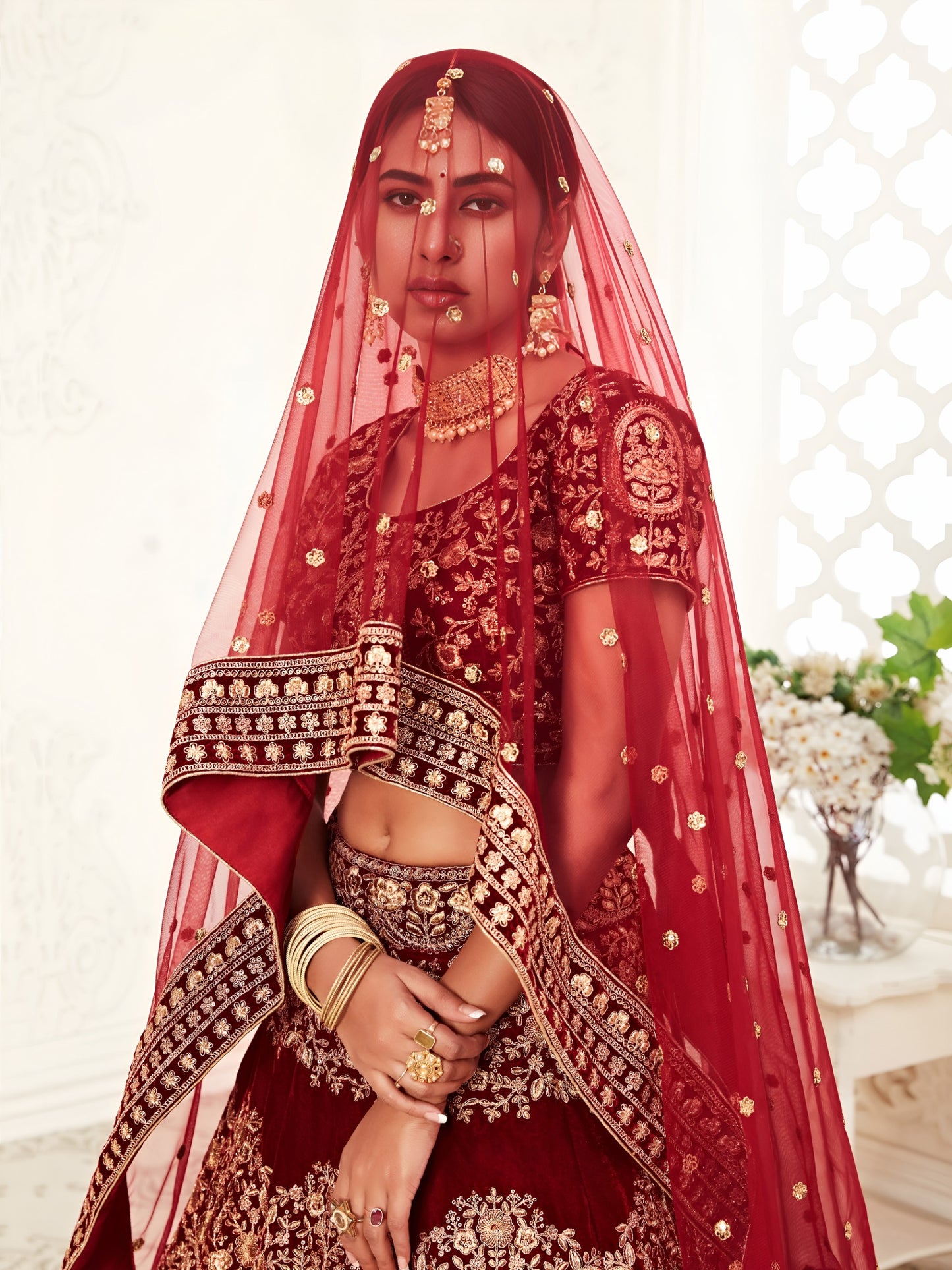 👑 Royal Maroon Zari Velvet Bridal Lehenga ✨