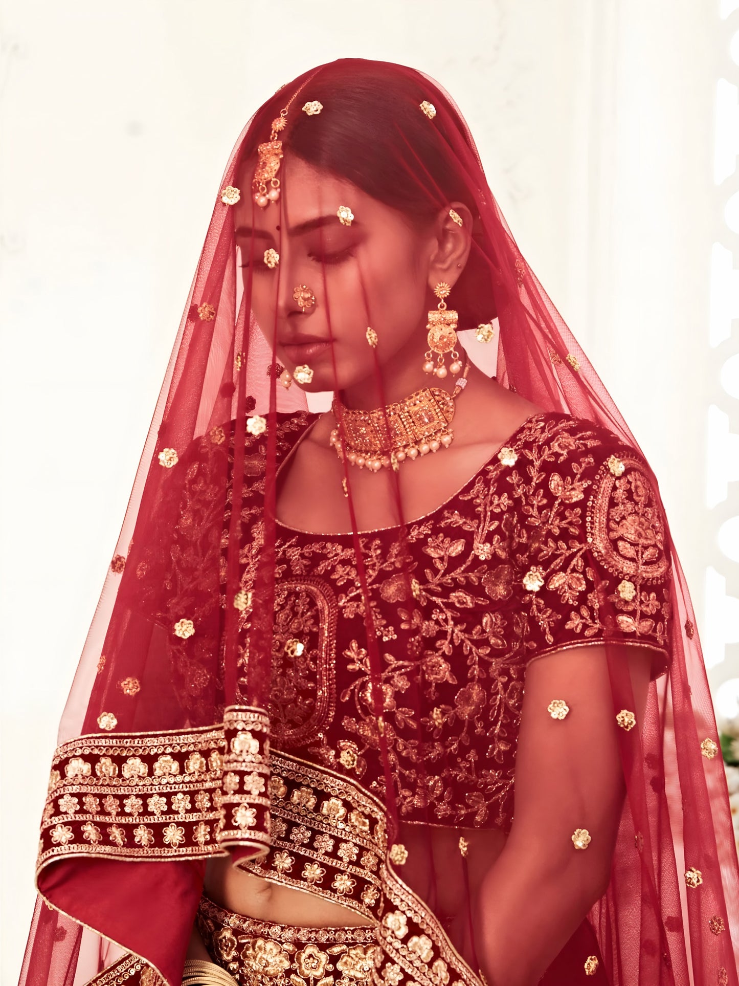 👑 Royal Maroon Zari Velvet Bridal Lehenga ✨