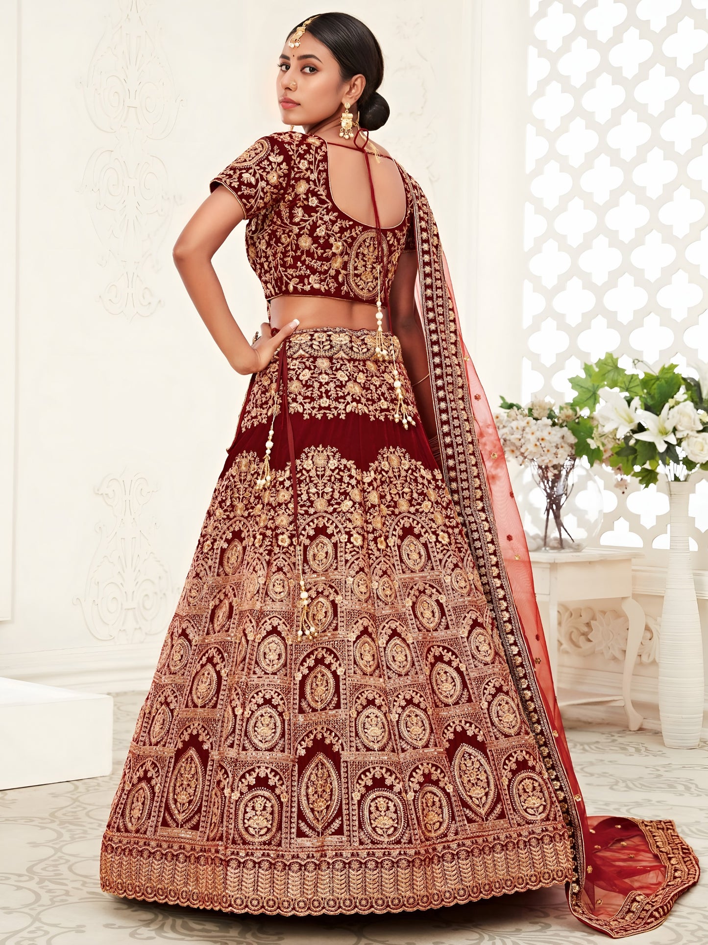 👑 Royal Maroon Zari Velvet Bridal Lehenga ✨