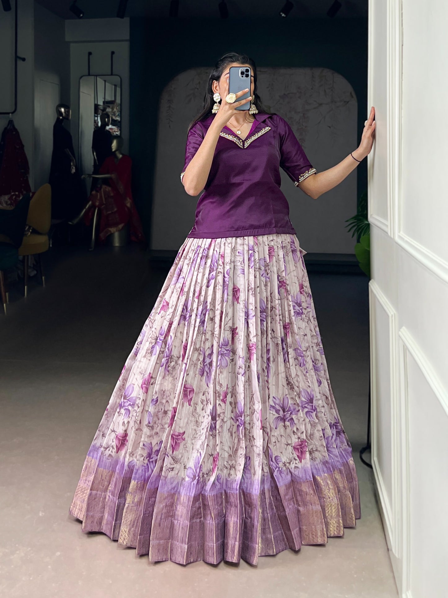 Every occasion in style with these elegant lehenga co-ords — featuring soft floral prints, luxurious borders, and vibrant blouses that radiate pure festive energy. 🌼