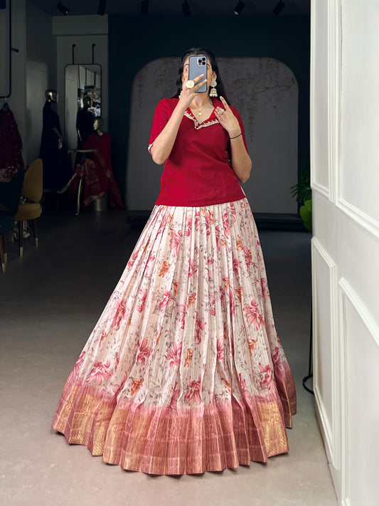 Every occasion in style with these elegant lehenga co-ords — featuring soft floral prints, luxurious borders, and vibrant blouses that radiate pure festive energy. 🌼