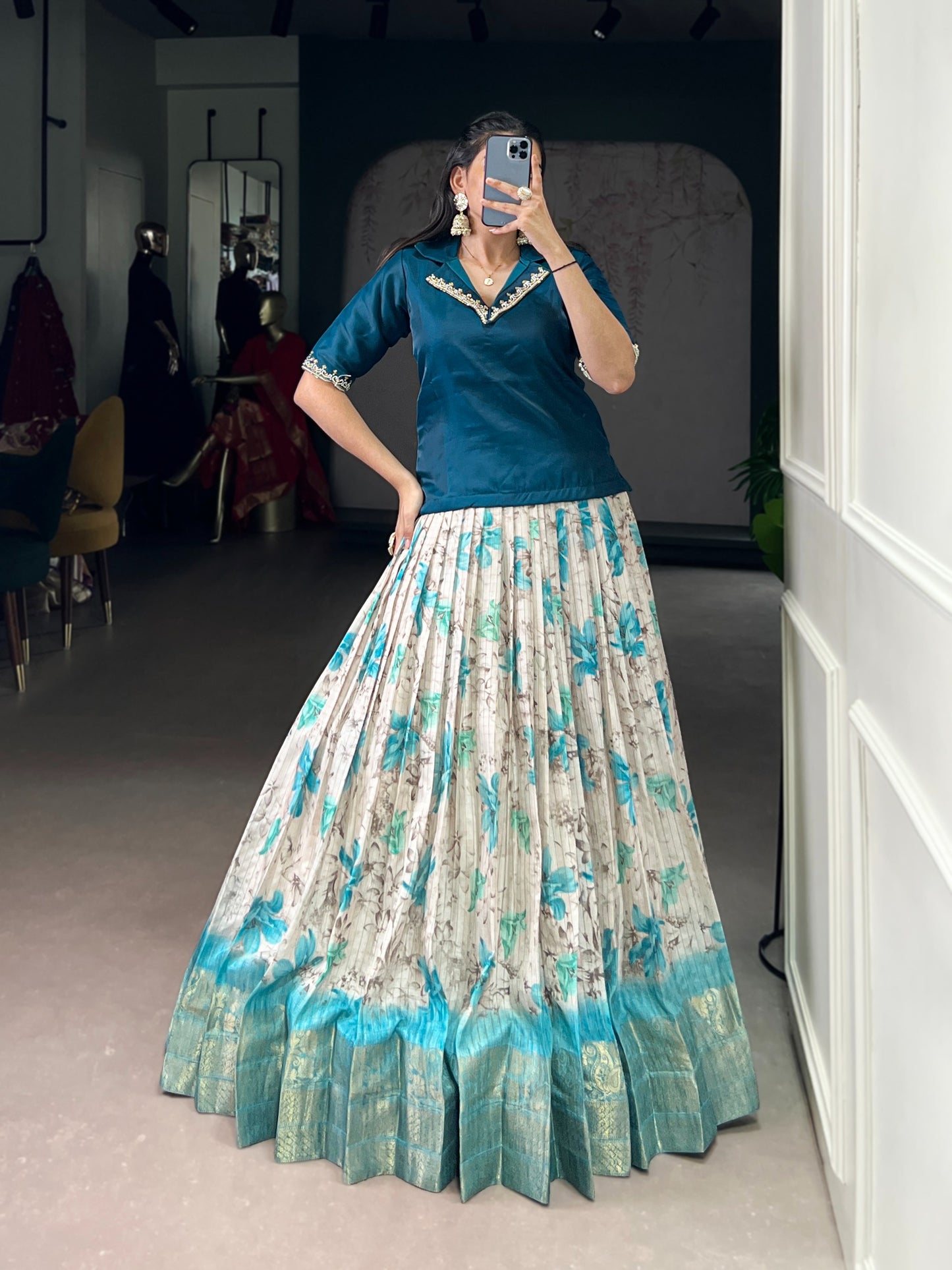 Every occasion in style with these elegant lehenga co-ords — featuring soft floral prints, luxurious borders, and vibrant blouses that radiate pure festive energy. 🌼