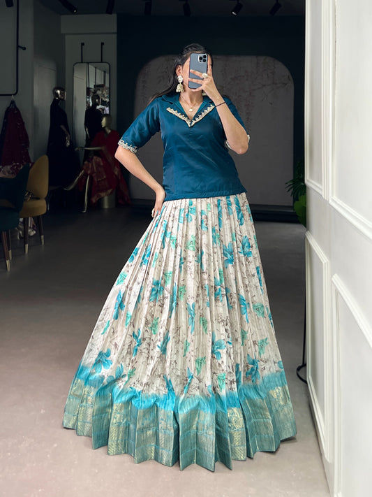 Every occasion in style with these elegant lehenga co-ords — featuring soft floral prints, luxurious borders, and vibrant blouses that radiate pure festive energy. 🌼