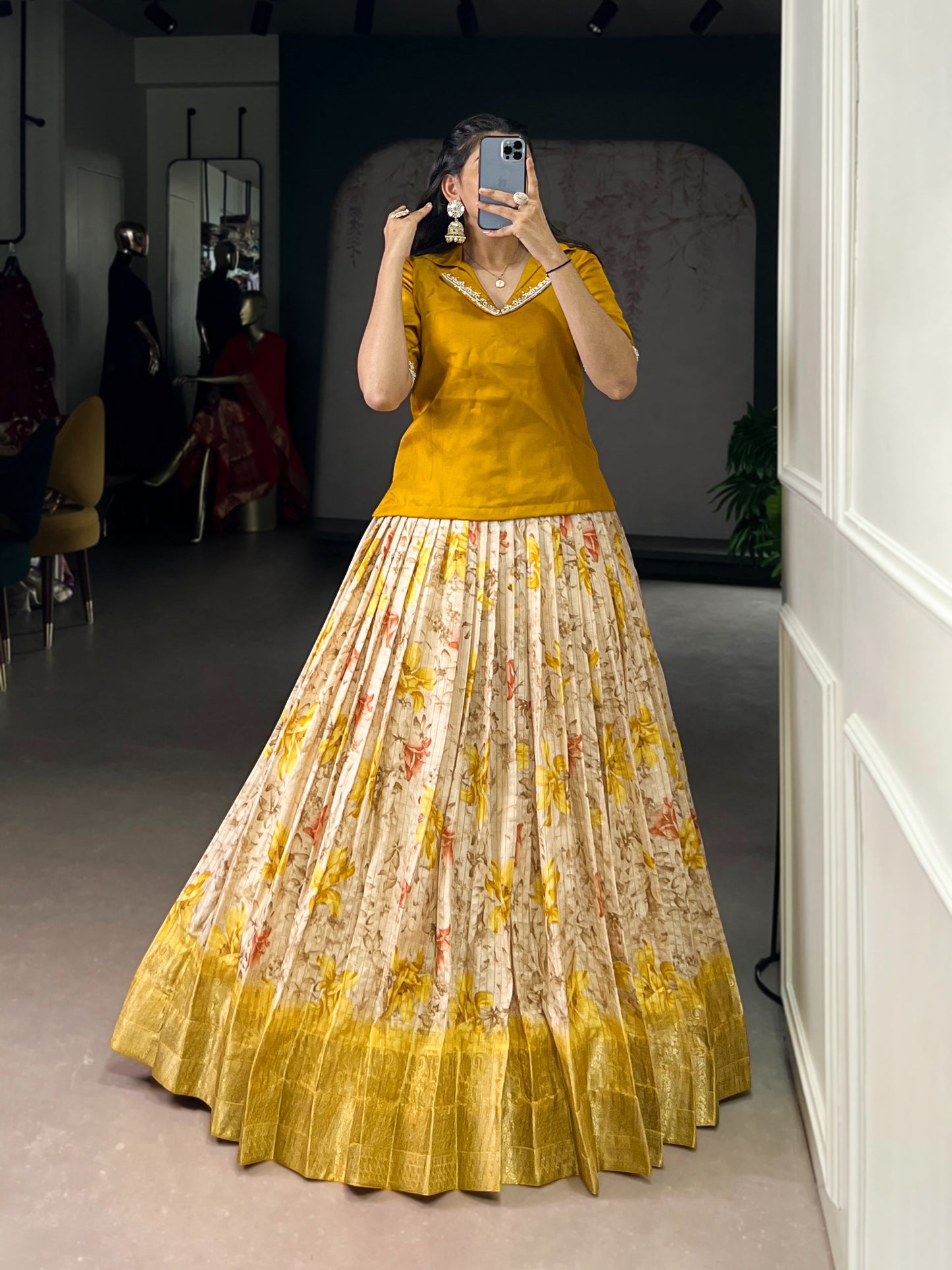 Every occasion in style with these elegant lehenga co-ords — featuring soft floral prints, luxurious borders, and vibrant blouses that radiate pure festive energy. 🌼