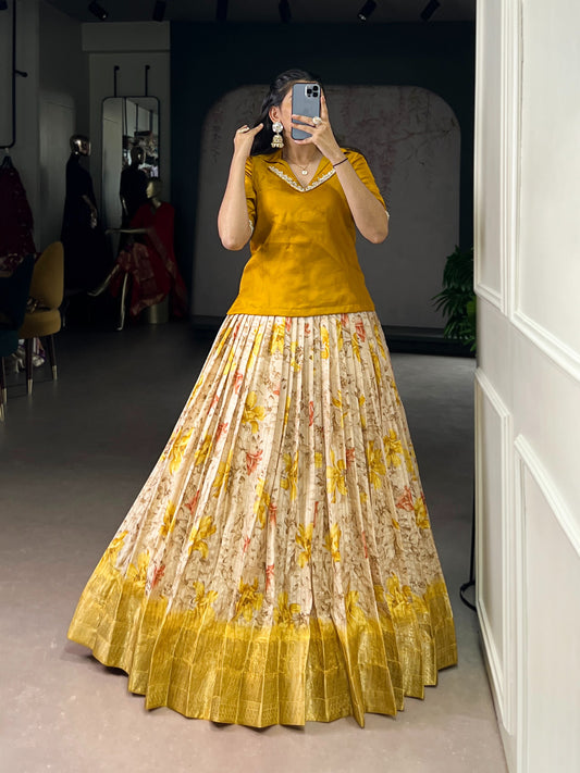 Every occasion in style with these elegant lehenga co-ords — featuring soft floral prints, luxurious borders, and vibrant blouses that radiate pure festive energy. 🌼