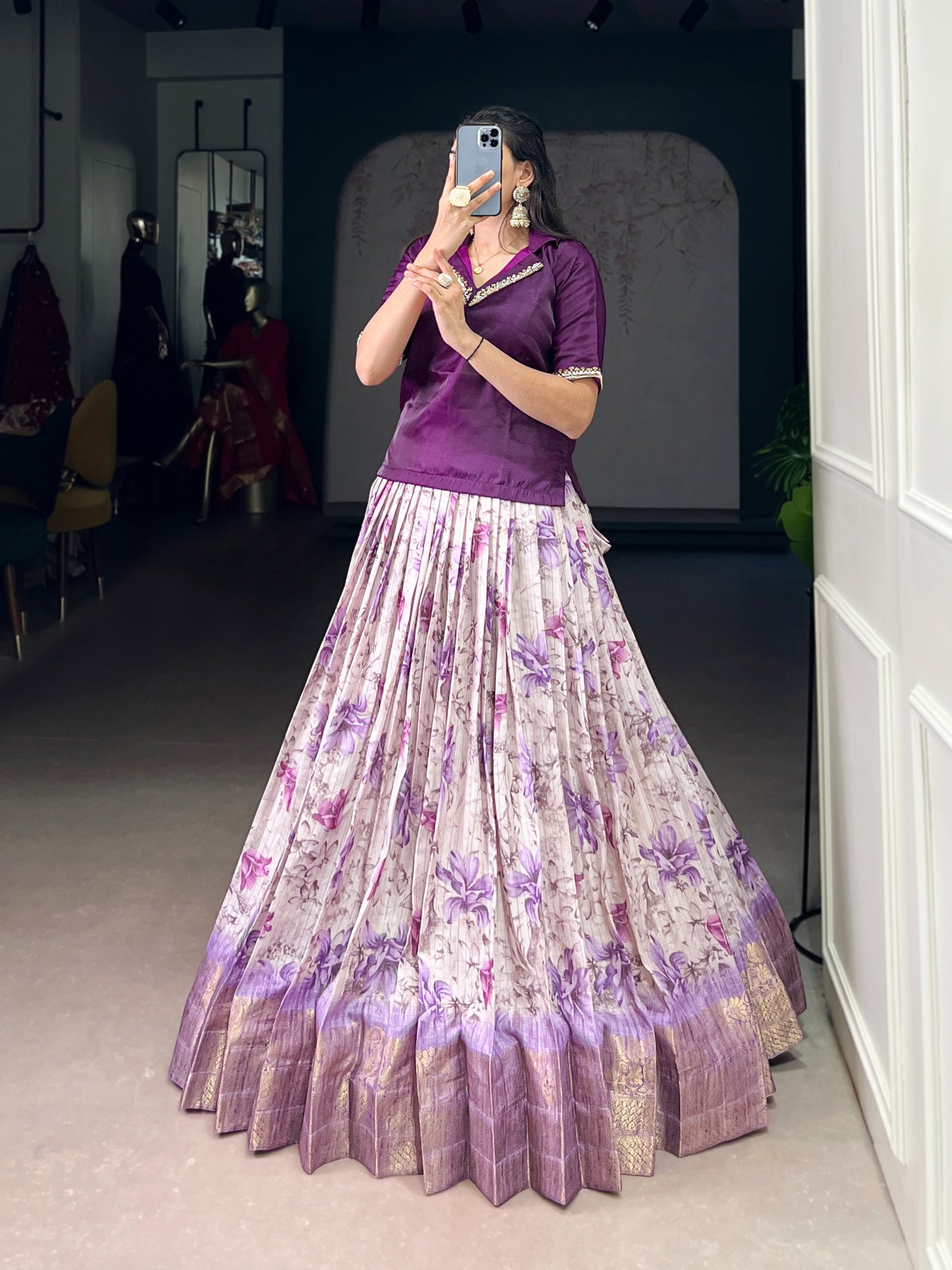 Every occasion in style with these elegant lehenga co-ords — featuring soft floral prints, luxurious borders, and vibrant blouses that radiate pure festive energy. 🌼