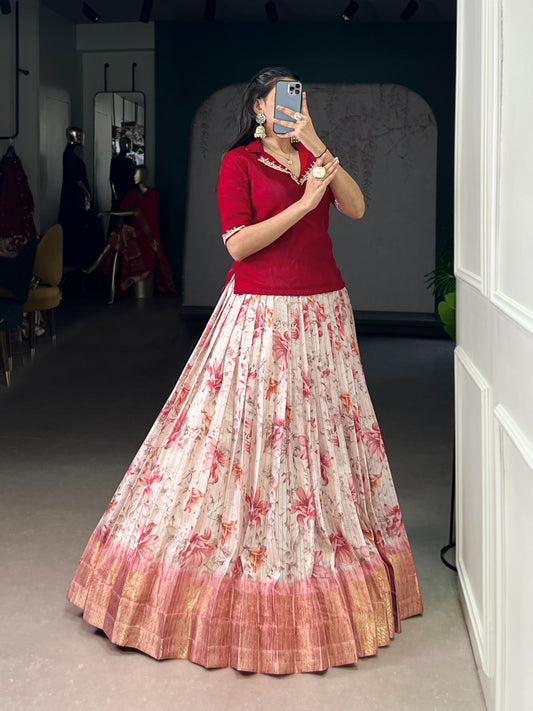 Every occasion in style with these elegant lehenga co-ords — featuring soft floral prints, luxurious borders, and vibrant blouses that radiate pure festive energy. 🌼
