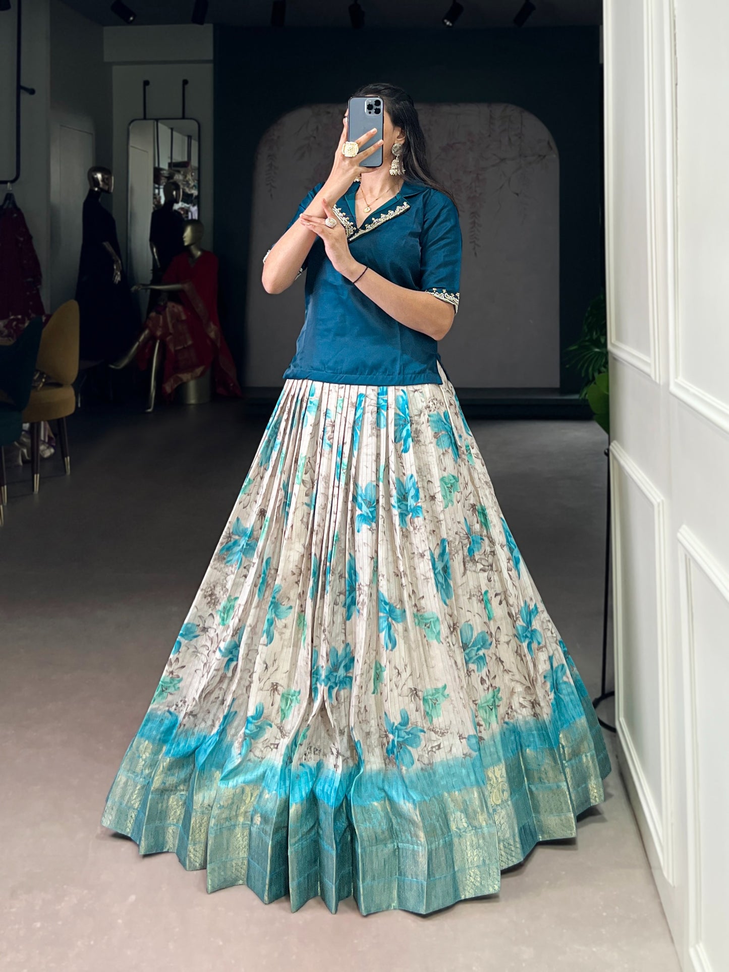Every occasion in style with these elegant lehenga co-ords — featuring soft floral prints, luxurious borders, and vibrant blouses that radiate pure festive energy. 🌼