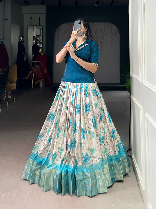 Every occasion in style with these elegant lehenga co-ords — featuring soft floral prints, luxurious borders, and vibrant blouses that radiate pure festive energy. 🌼