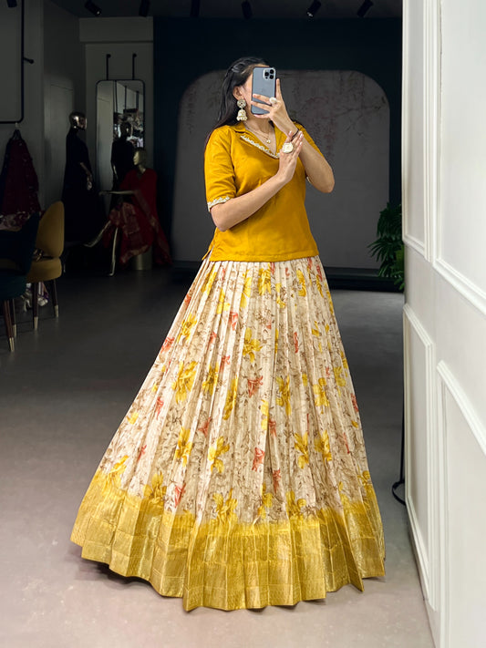 Every occasion in style with these elegant lehenga co-ords — featuring soft floral prints, luxurious borders, and vibrant blouses that radiate pure festive energy. 🌼