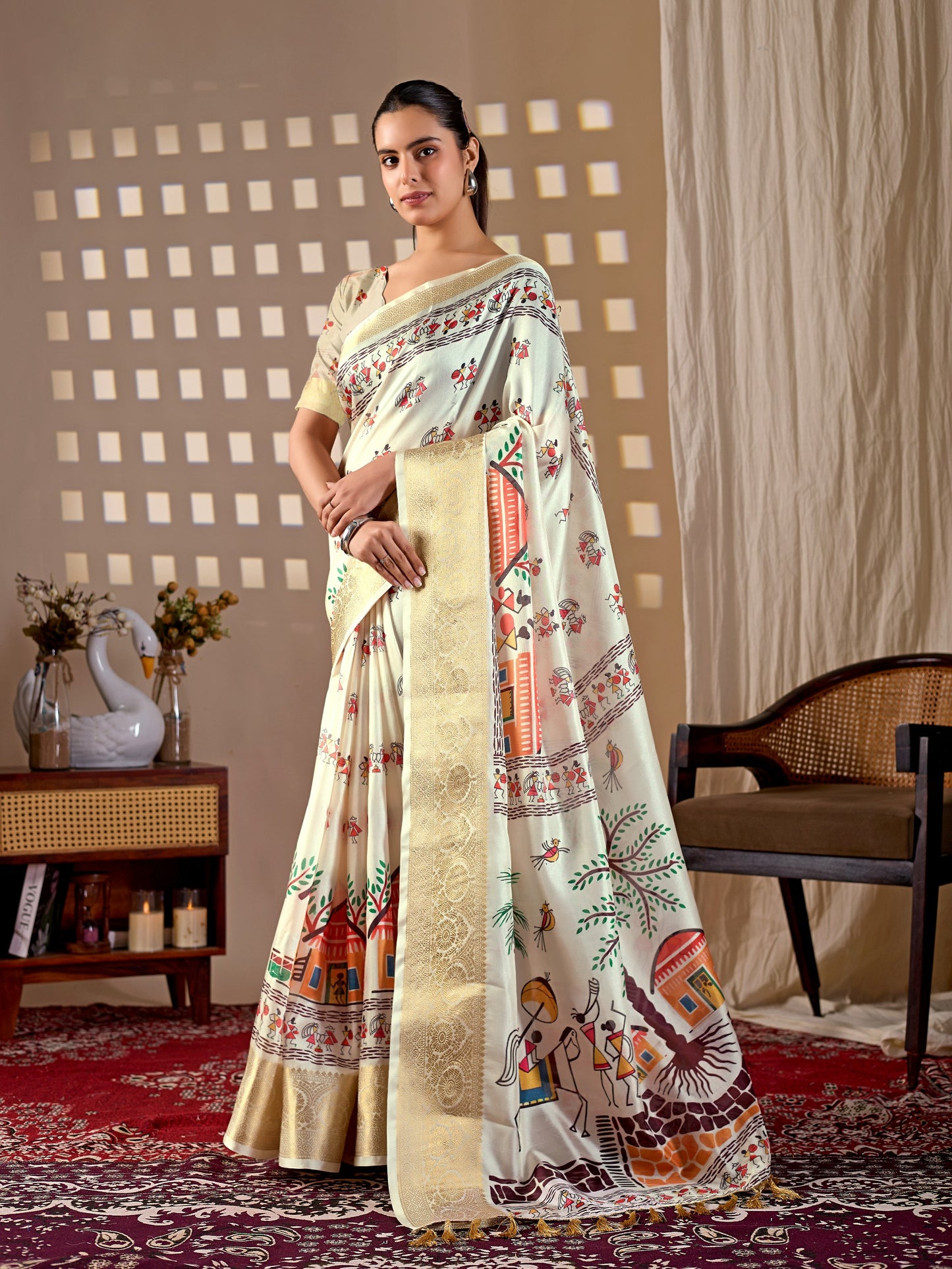 Soft Lichi Silk Saree with elegant traditional village art print in soothing cream shades and a rich woven border