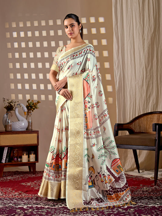 Soft Lichi Silk Saree with elegant traditional village art print in soothing cream shades and a rich woven border