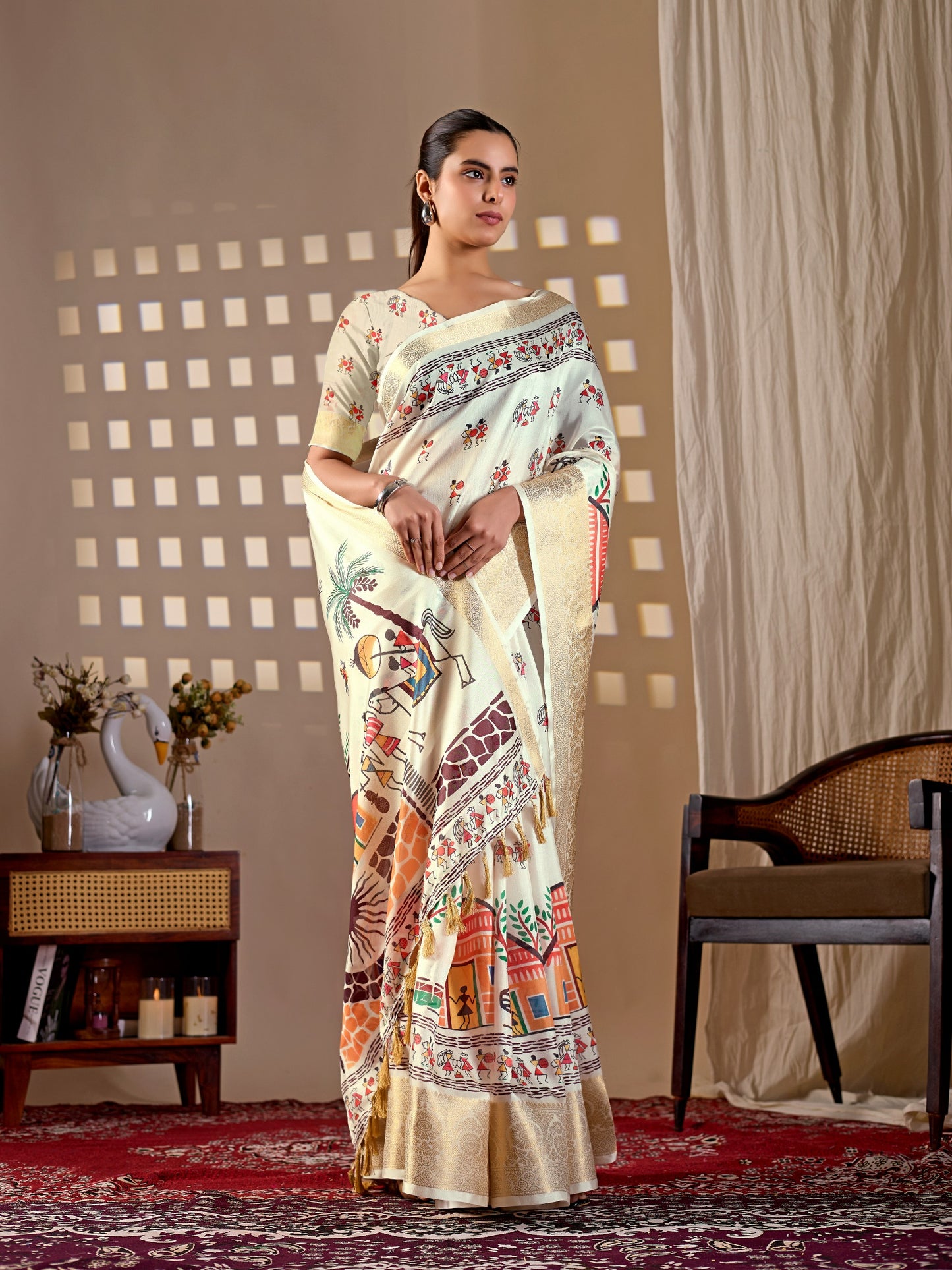 Soft Lichi Silk Saree with elegant traditional village art print in soothing cream shades and a rich woven border