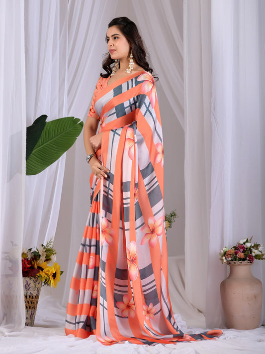 Elegant soft satin georgette saree featuring beautiful floral and striped digital print saree
